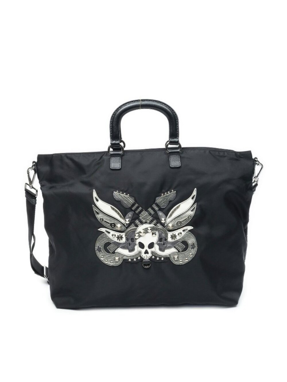 Prada Studded Skull Vertical Tote Bag Black Nylon Canvas